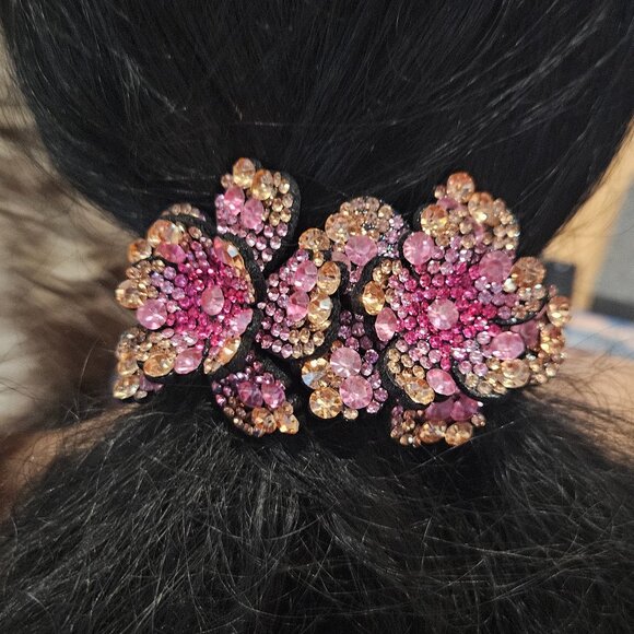 Crystal Flower Ponytail, Bun Claw - Shades of Pink & Gold - 804 Crystals - Picture 1 of 12